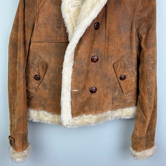 Baxis & Baxis Suede Leather Jacket Faux Fur Lined Trim Jacket Penny Lane Y2K L - Picture 3 of 13